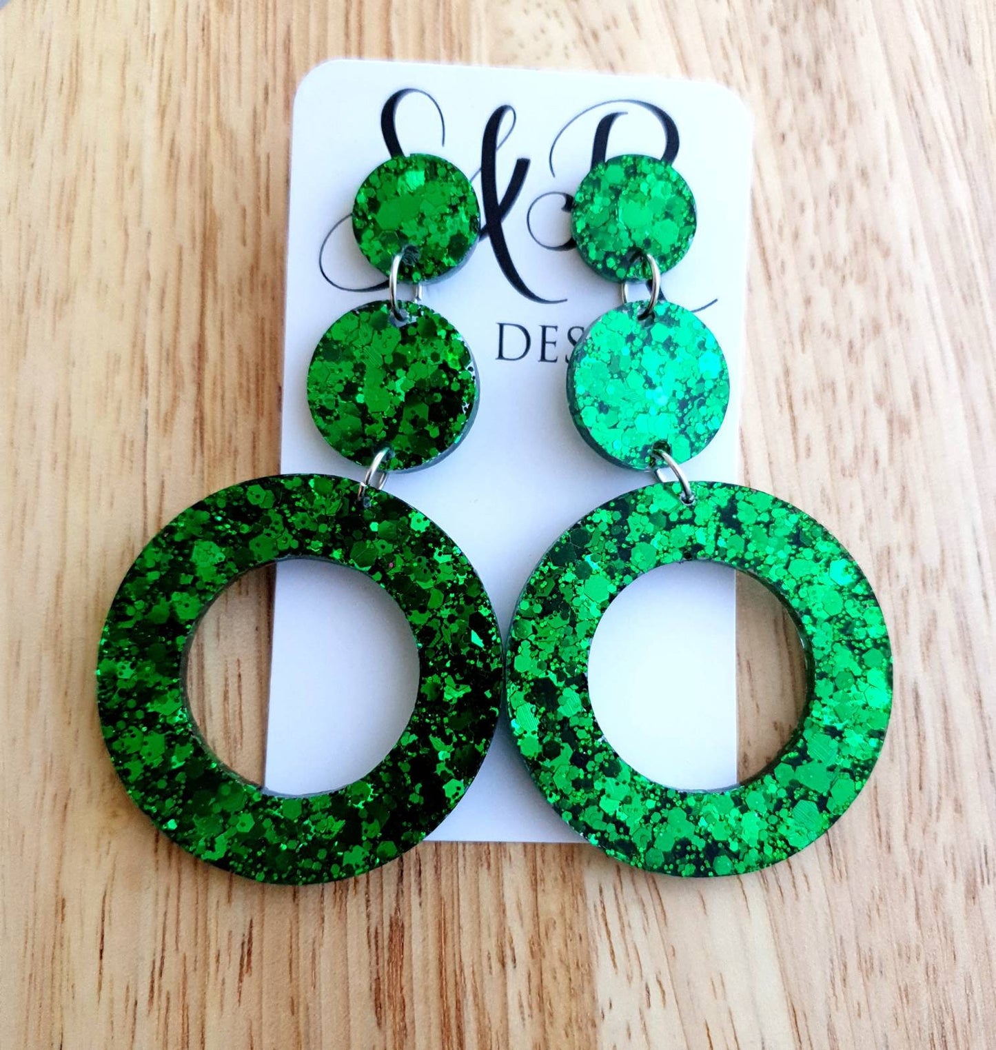 Emerald Green Extra Long Hoop Circle Earrings, Emerald Green Circle Glitter Dangles, Statement Earrings