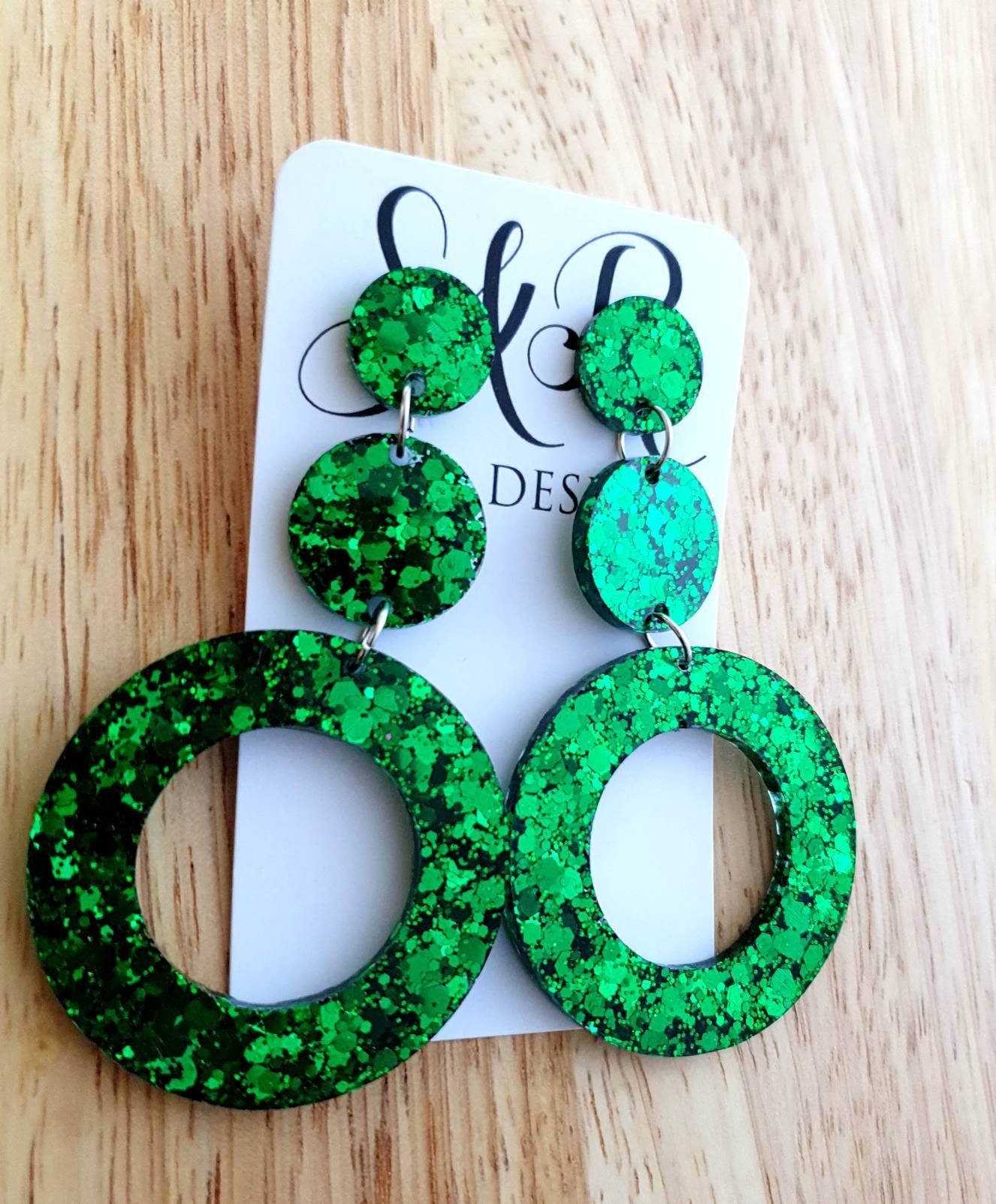 Emerald Green Extra Long Hoop Circle Earrings, Emerald Green Circle Glitter Dangles, Statement Earrings