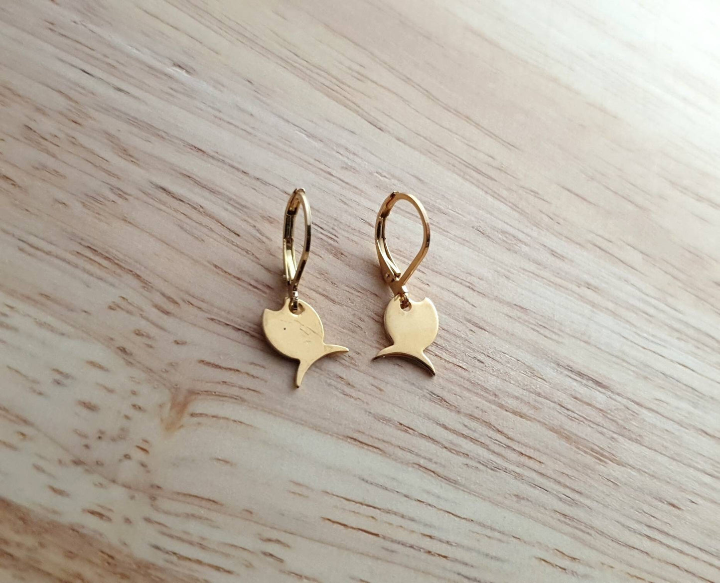 Gold Fish Drop Earrings, Minimalist Dangles, Gold Stainless Steel Dangle Leverback, Hoop or Earwire Hook Earrings.