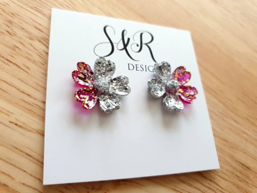 Japanese Sakura Cherry Blossom Flower Stud Earrings, Silver Hot Pink Gold Resin Cherry Blosom Flower Earrings, Stainless Steel Earrings