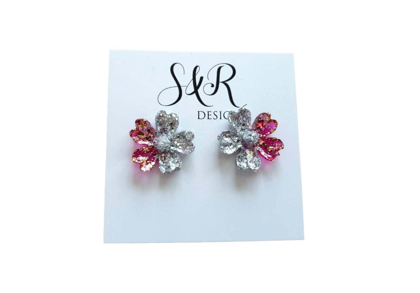 Japanese Sakura Cherry Blossom Flower Stud Earrings, Silver Hot Pink Gold Resin Cherry Blosom Flower Earrings, Stainless Steel Earrings