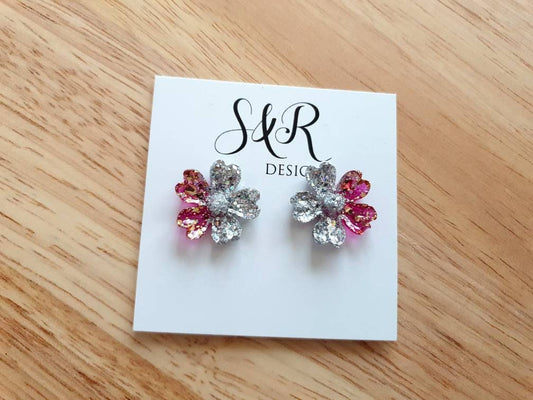 Japanese Sakura Cherry Blossom Flower Stud Earrings, Silver Hot Pink Gold Resin Cherry Blosom Flower Earrings, Stainless Steel Earrings