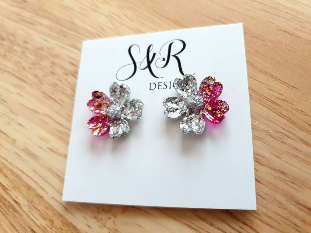 Japanese Sakura Cherry Blossom Flower Stud Earrings, Silver Hot Pink Gold Resin Cherry Blosom Flower Earrings, Stainless Steel Earrings