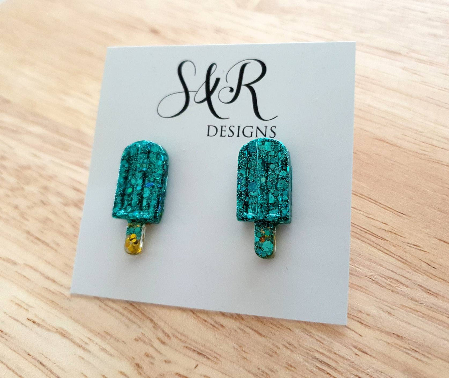 Teal Icy Pole Stud Earrings, Glitter Ice Cream Earrings, Statement Food Earrings