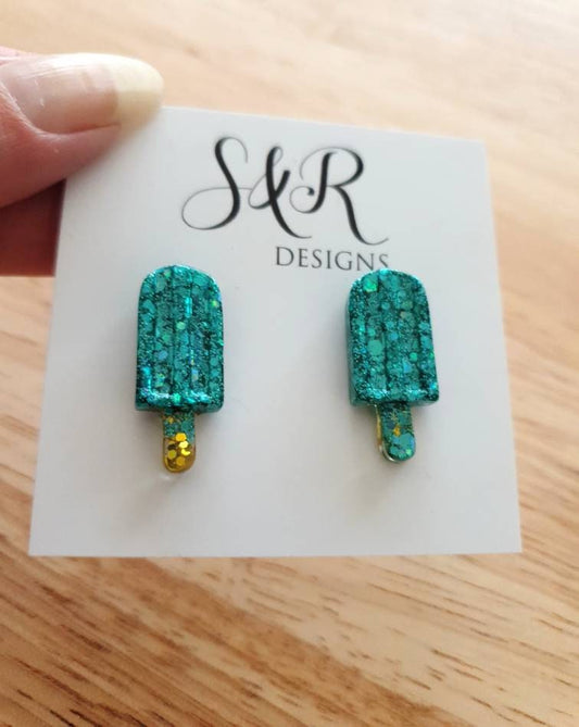 Teal Icy Pole Stud Earrings, Glitter Ice Cream Earrings, Statement Food Earrings