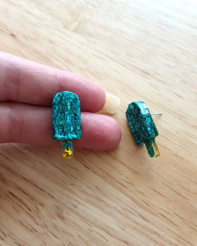 Teal Icy Pole Stud Earrings, Glitter Ice Cream Earrings, Statement Food Earrings
