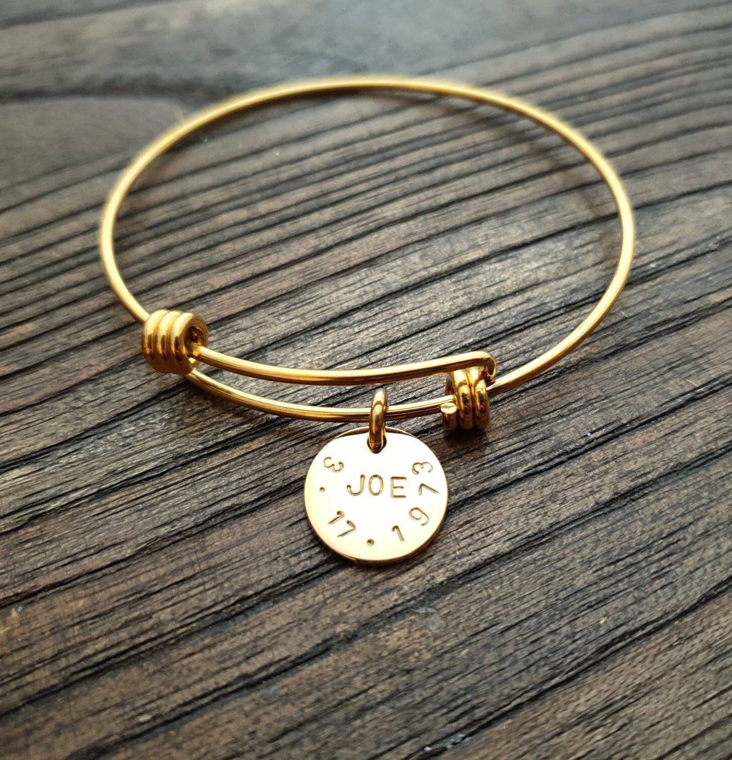 Personalised Circle Charm Bangle, Adjustable Gold or Silver Bangle Stainless Steel