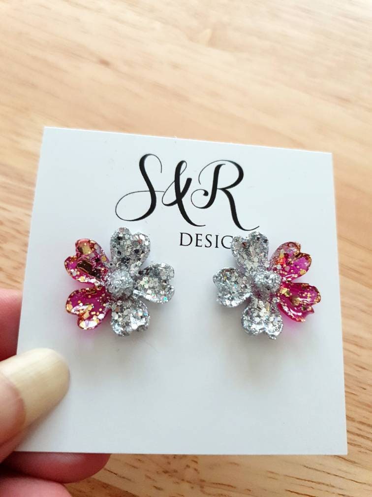 Japanese Sakura Cherry Blossom Flower Stud Earrings, Silver Hot Pink Gold Resin Cherry Blosom Flower Earrings, Stainless Steel Earrings