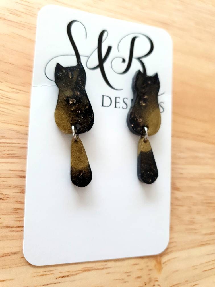 Black Gold Cat Dangle Earrings, Cat with Moving Tail Long Earrings, Black and Gold Leaf Resin Earrings, Cat Earrings Stainless Steel.