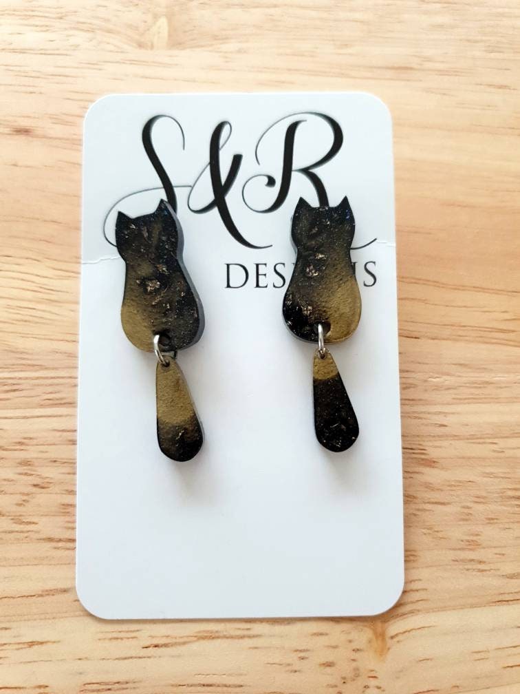 Black Gold Cat Dangle Earrings, Cat with Moving Tail Long Earrings, Black and Gold Leaf Resin Earrings, Cat Earrings Stainless Steel.