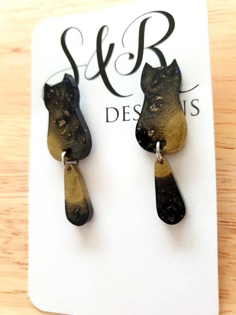 Black Gold Cat Dangle Earrings, Cat with Moving Tail Long Earrings, Black and Gold Leaf Resin Earrings, Cat Earrings Stainless Steel.