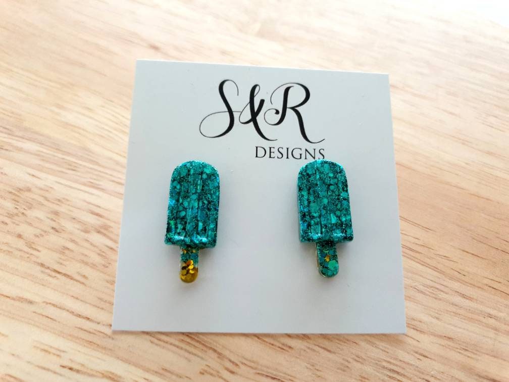 Teal Icy Pole Stud Earrings, Glitter Ice Cream Earrings, Statement Food Earrings
