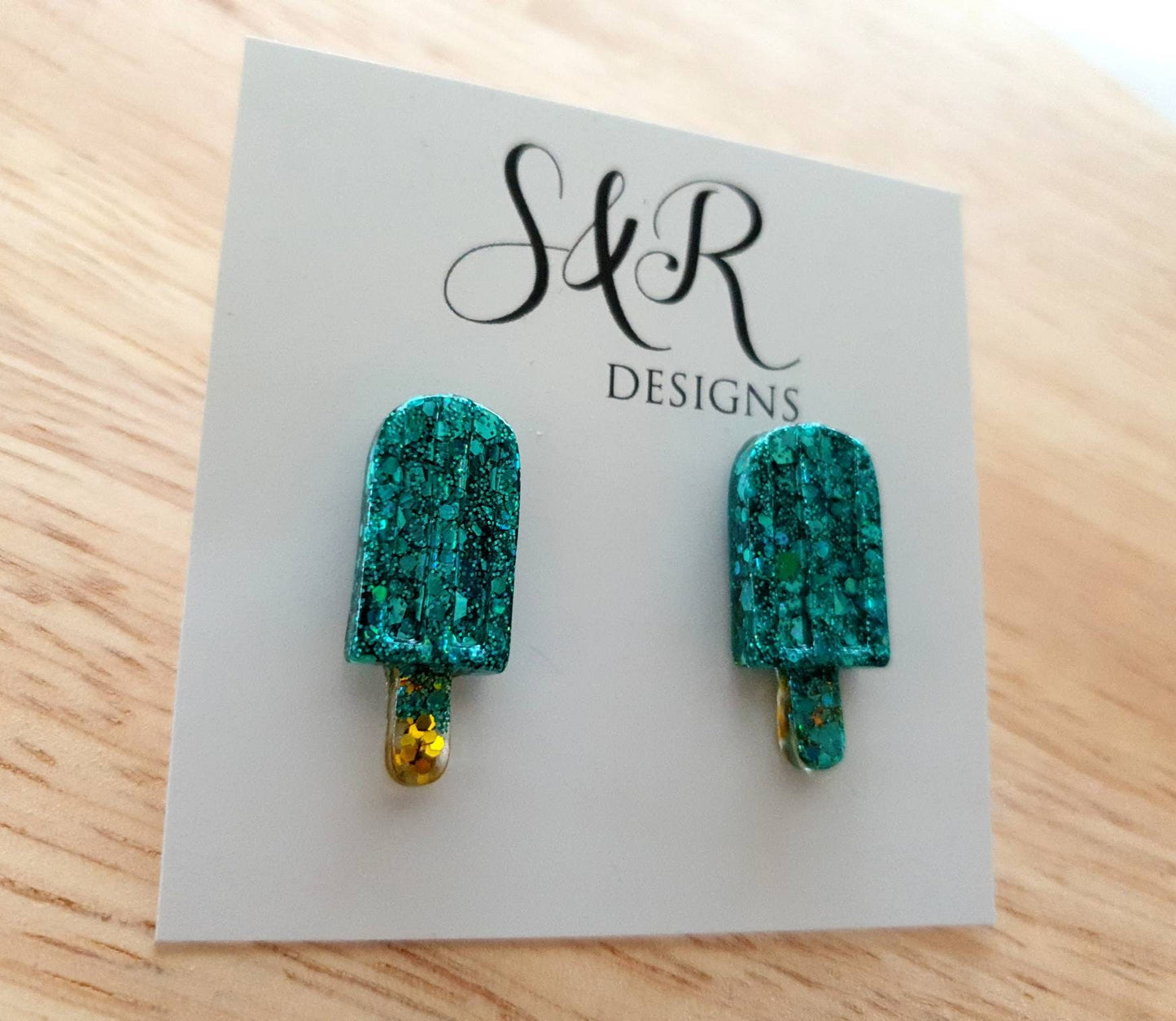 Teal Icy Pole Stud Earrings, Glitter Ice Cream Earrings, Statement Food Earrings