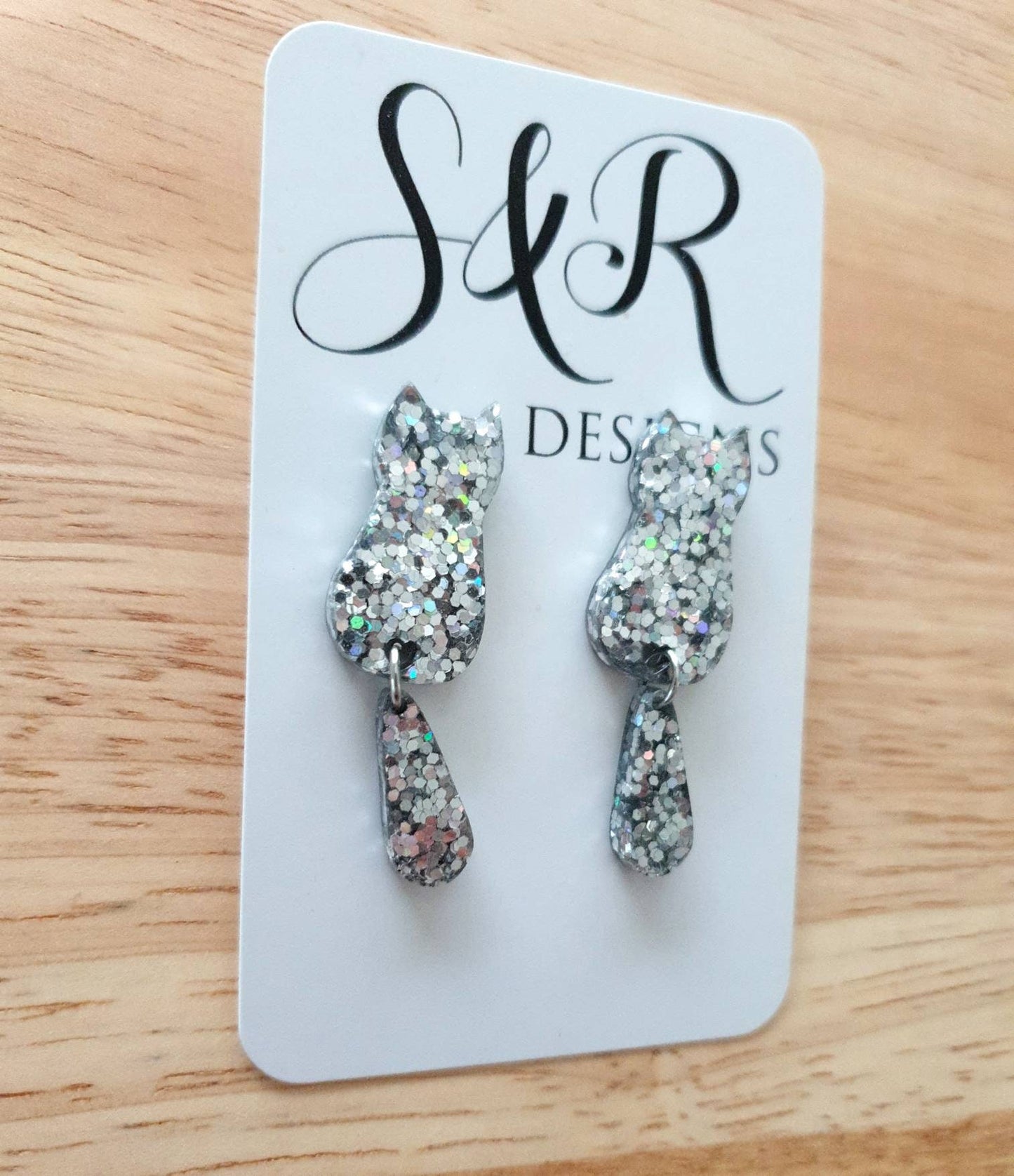 Silver Holographic Cat Dangle Earrings, Cat with Moving Tail Long Earrings, Silver Glitter Resin Earrings, Cat Earrings Stainless Steel.
