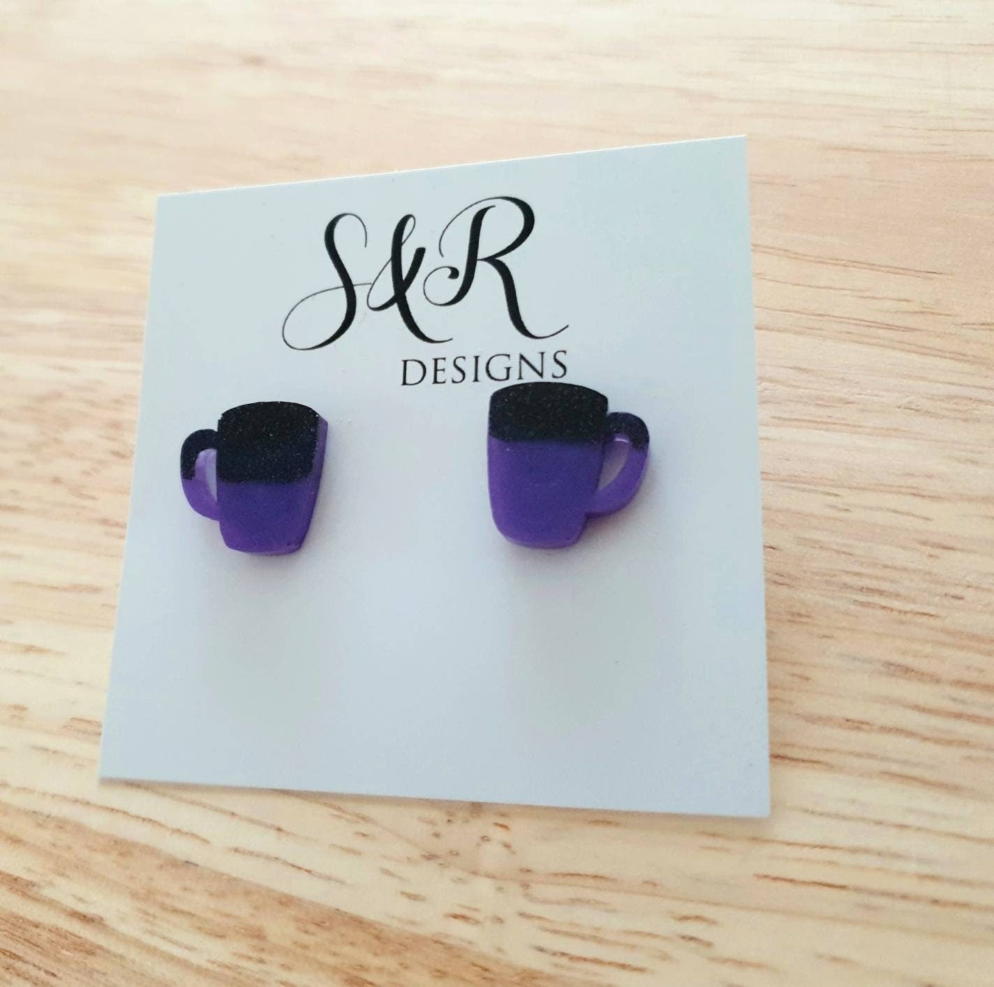 Coffee Cup Stud Earrings, Black and Purple Coffee Mug Cup Earrings, Coffee Lovers, Stainless Steel Studs