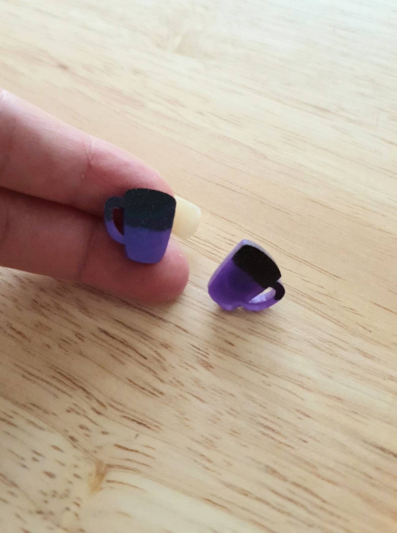 Coffee Cup Stud Earrings, Black and Purple Coffee Mug Cup Earrings, Coffee Lovers, Stainless Steel Studs