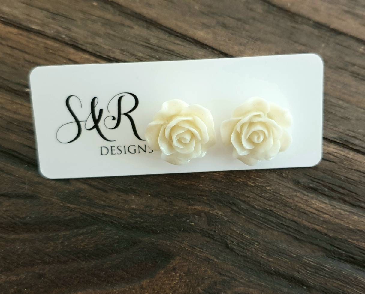 Cream Roses Resin Stud Earrings,  Flower Rose Earrings. Stainless Steel Stud Earrings.