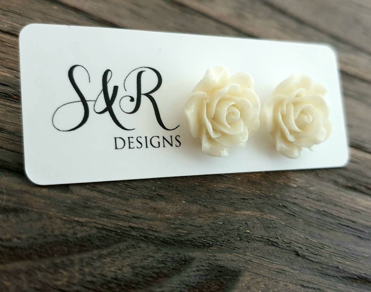 Cream Roses Resin Stud Earrings,  Flower Rose Earrings. Stainless Steel Stud Earrings.