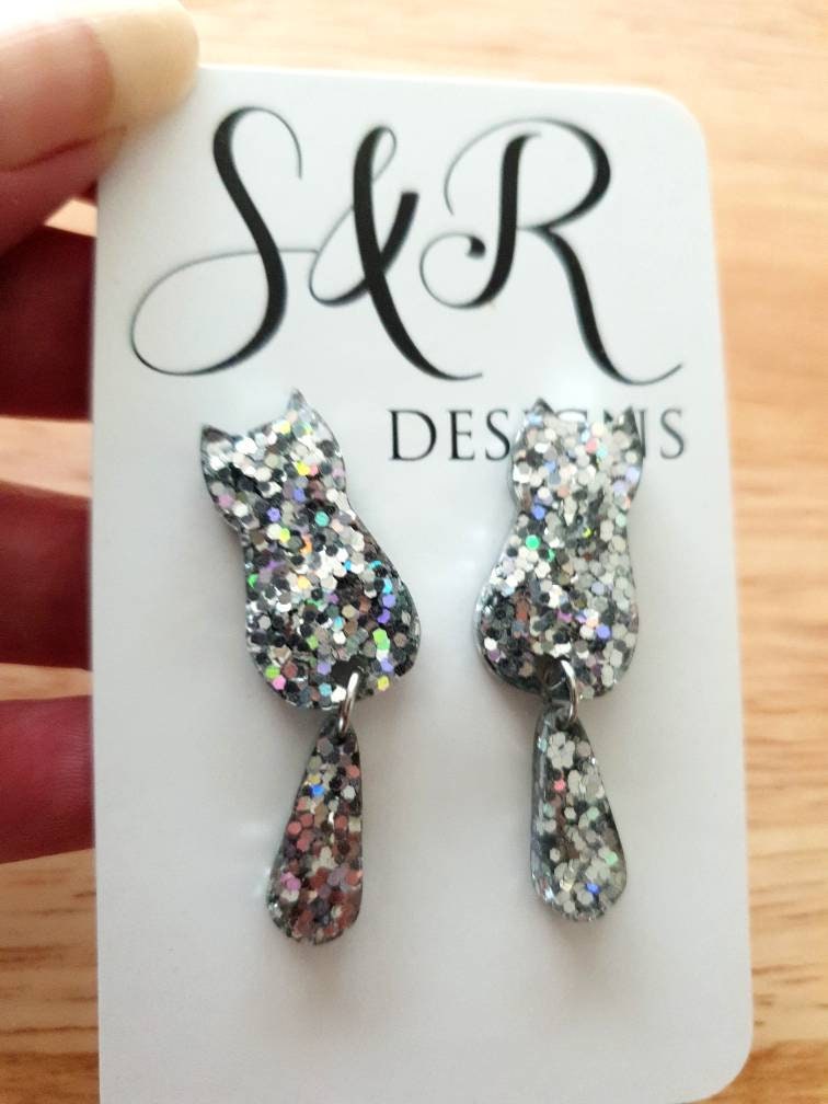 Silver Holographic Cat Dangle Earrings, Cat with Moving Tail Long Earrings, Silver Glitter Resin Earrings, Cat Earrings Stainless Steel.