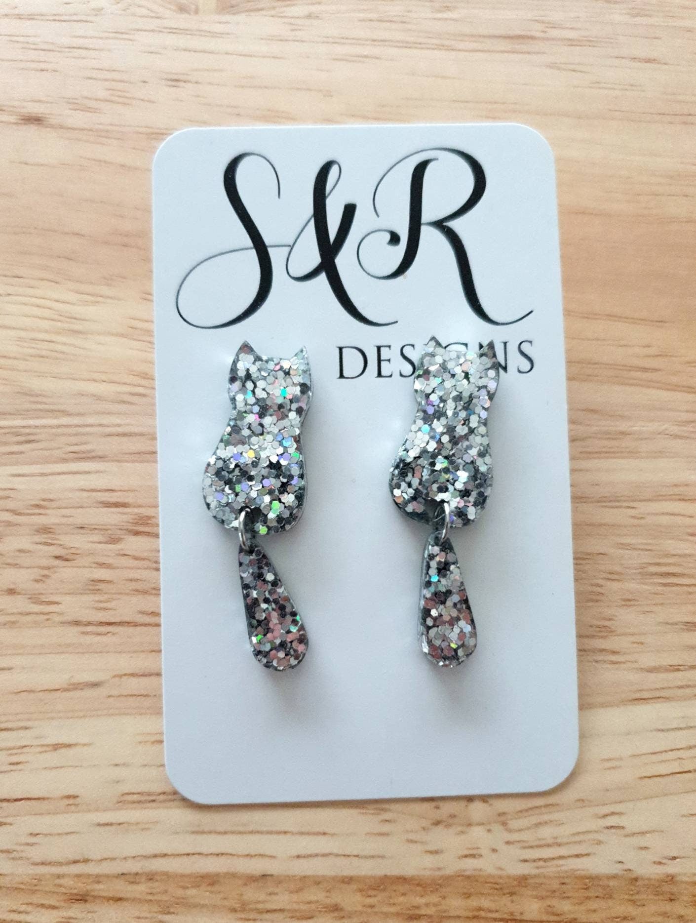 Silver Holographic Cat Dangle Earrings, Cat with Moving Tail Long Earrings, Silver Glitter Resin Earrings, Cat Earrings Stainless Steel.