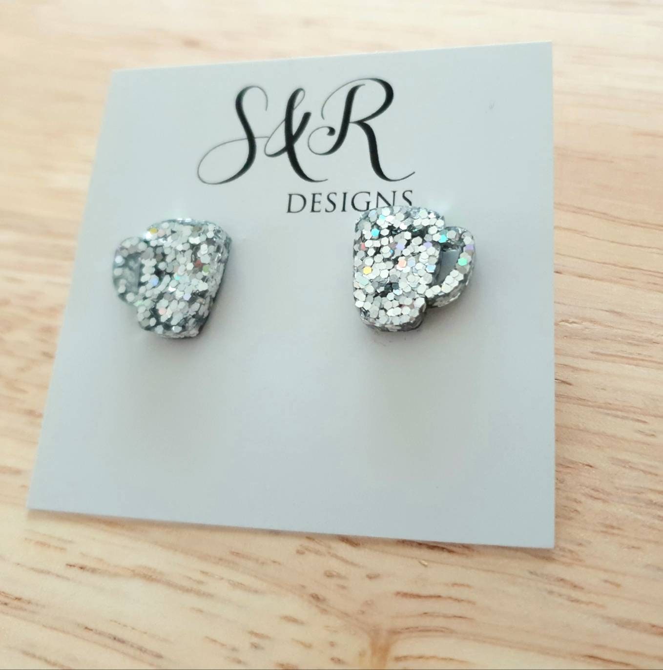 Coffee Mug Stud Earrings, Silver Holographic Glitter Coffee Cup Earrings, Coffee Lovers, Stainless Steel Studs