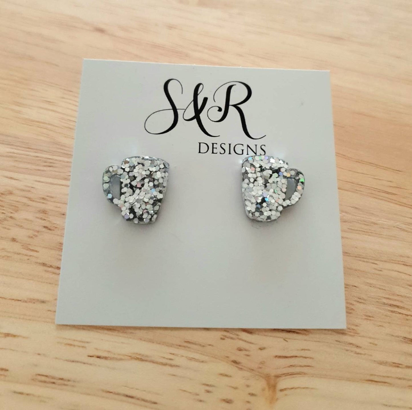 Coffee Mug Stud Earrings, Silver Holographic Glitter Coffee Cup Earrings, Coffee Lovers, Stainless Steel Studs