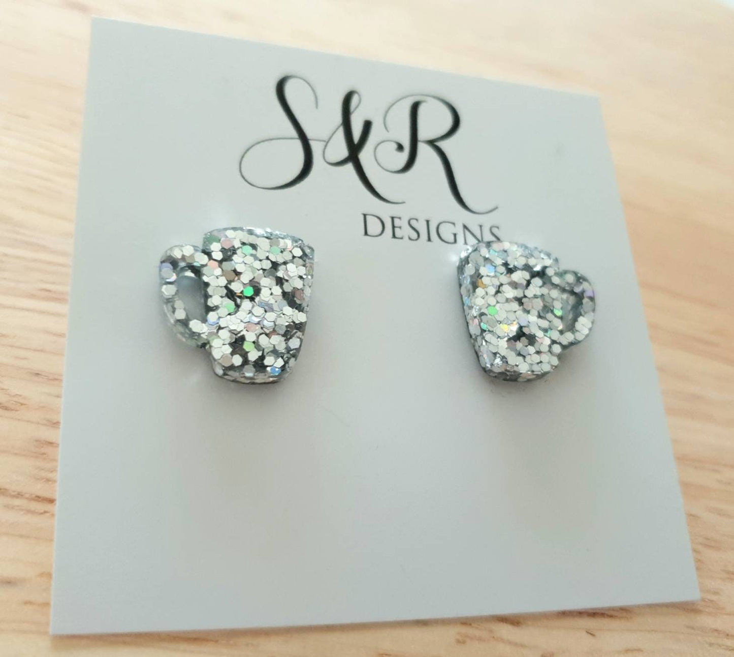 Coffee Mug Stud Earrings, Silver Holographic Glitter Coffee Cup Earrings, Coffee Lovers, Stainless Steel Studs