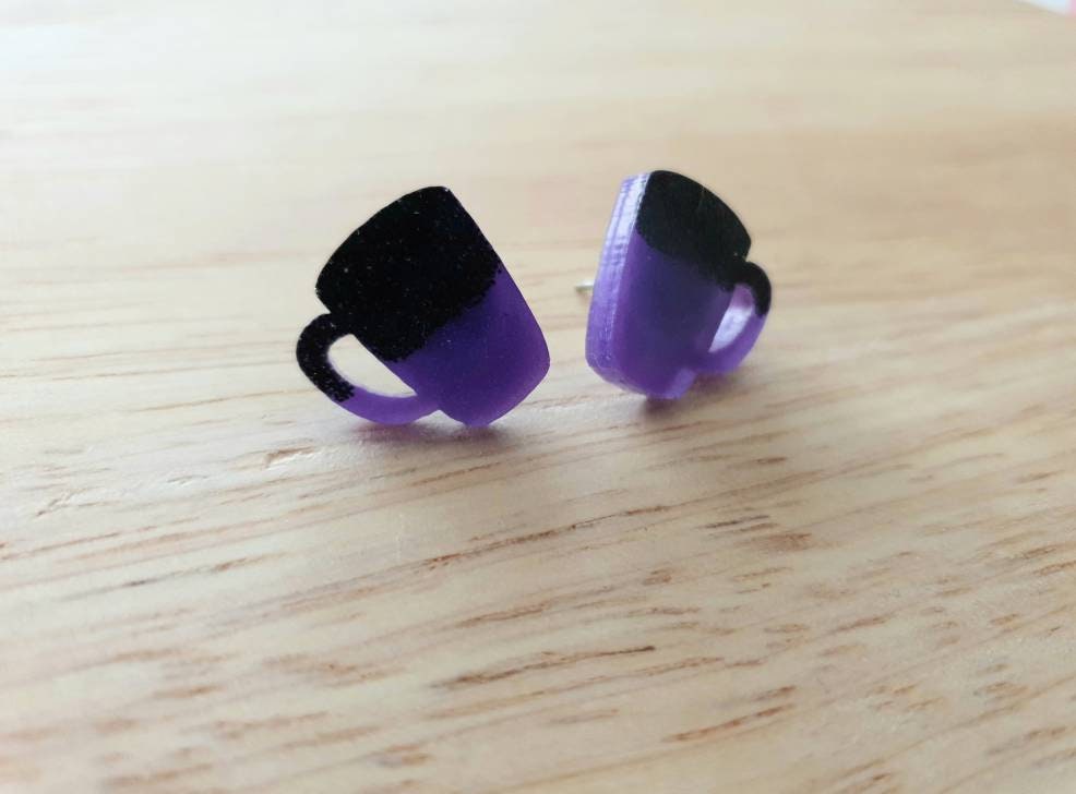 Coffee Cup Stud Earrings, Black and Purple Coffee Mug Cup Earrings, Coffee Lovers, Stainless Steel Studs