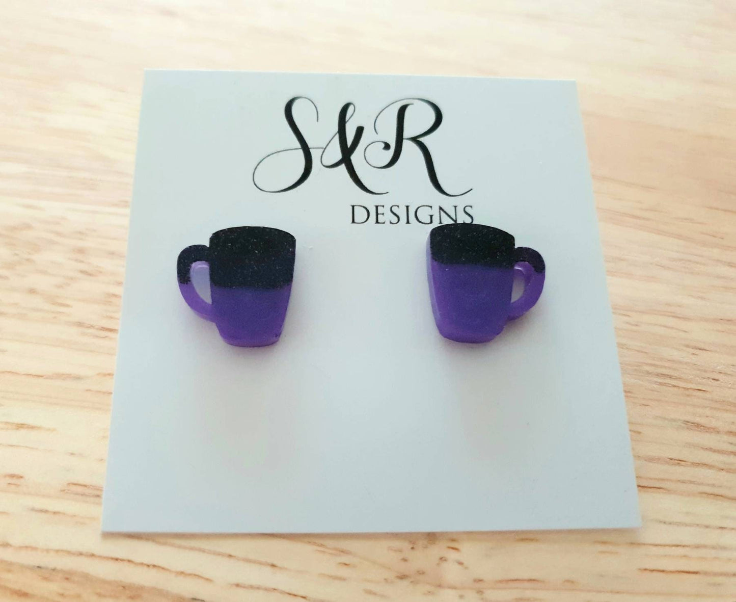 Coffee Cup Stud Earrings, Black and Purple Coffee Mug Cup Earrings, Coffee Lovers, Stainless Steel Studs