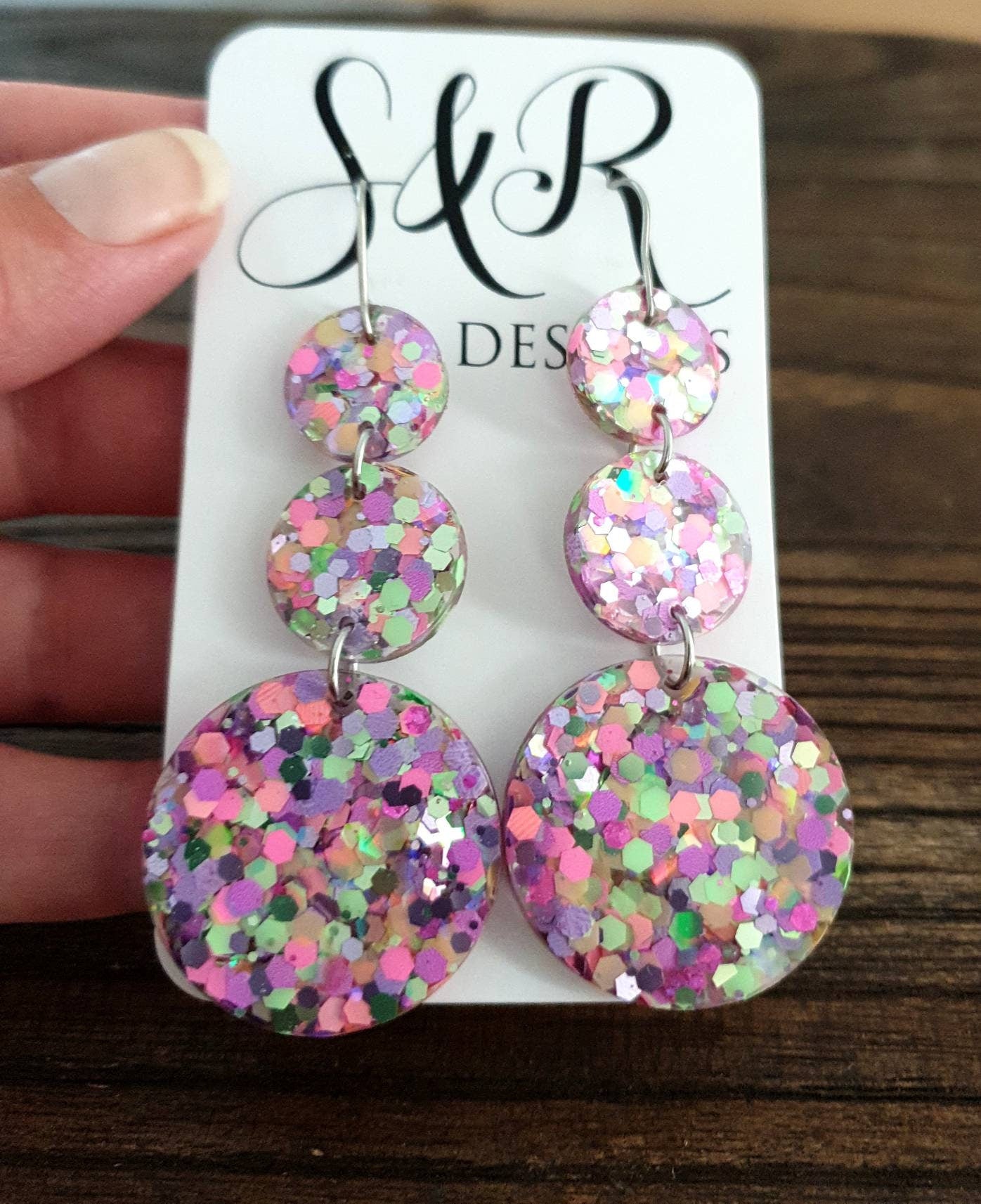 Dazzling Multicoloured 3 Circle Long Resin Dangle Earrings, Statement Mint Green, Pink, Purple Glitter Earrings, Stainless Steel Earrings.