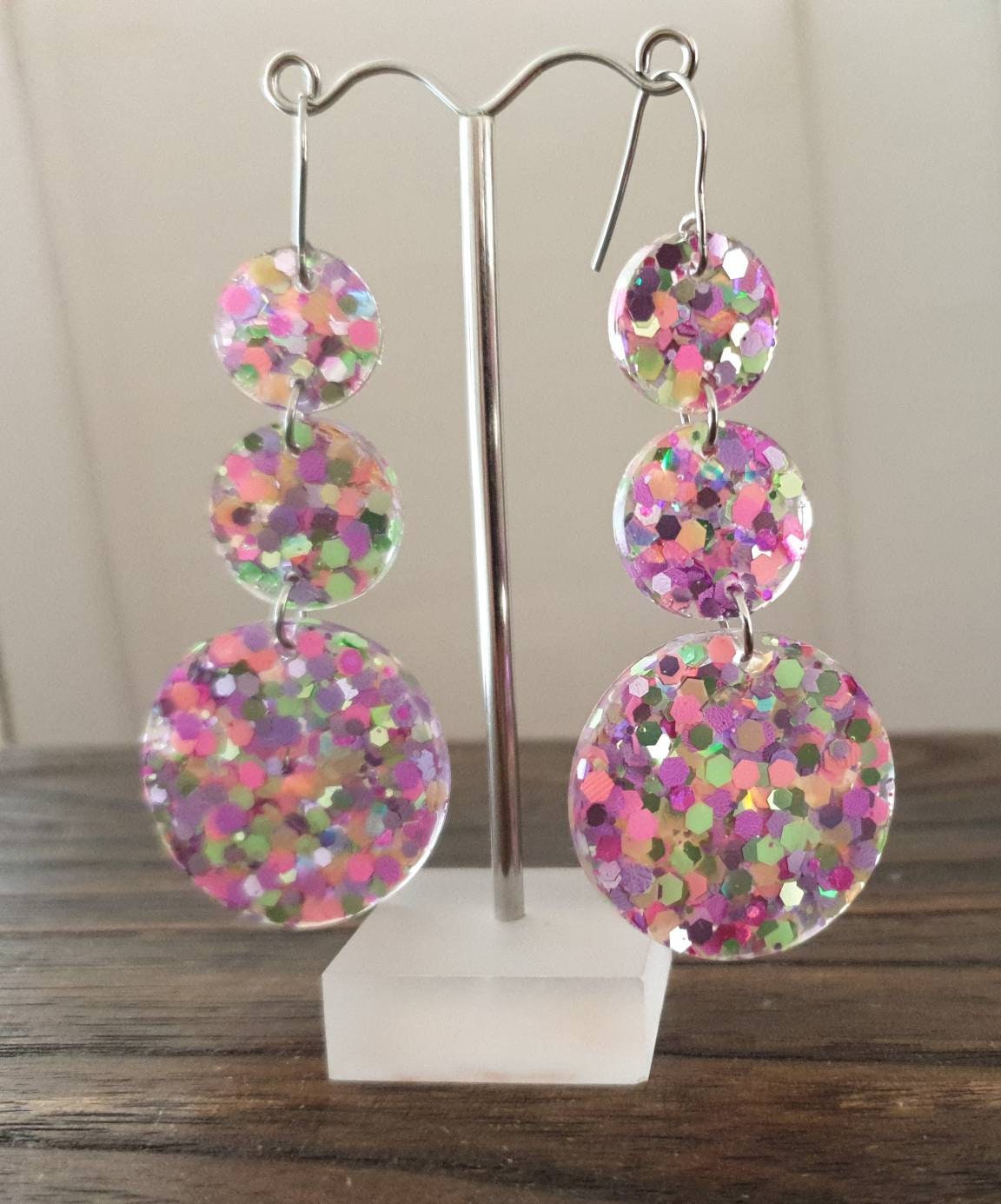 Dazzling Multicoloured 3 Circle Long Resin Dangle Earrings, Statement Mint Green, Pink, Purple Glitter Earrings, Stainless Steel Earrings.