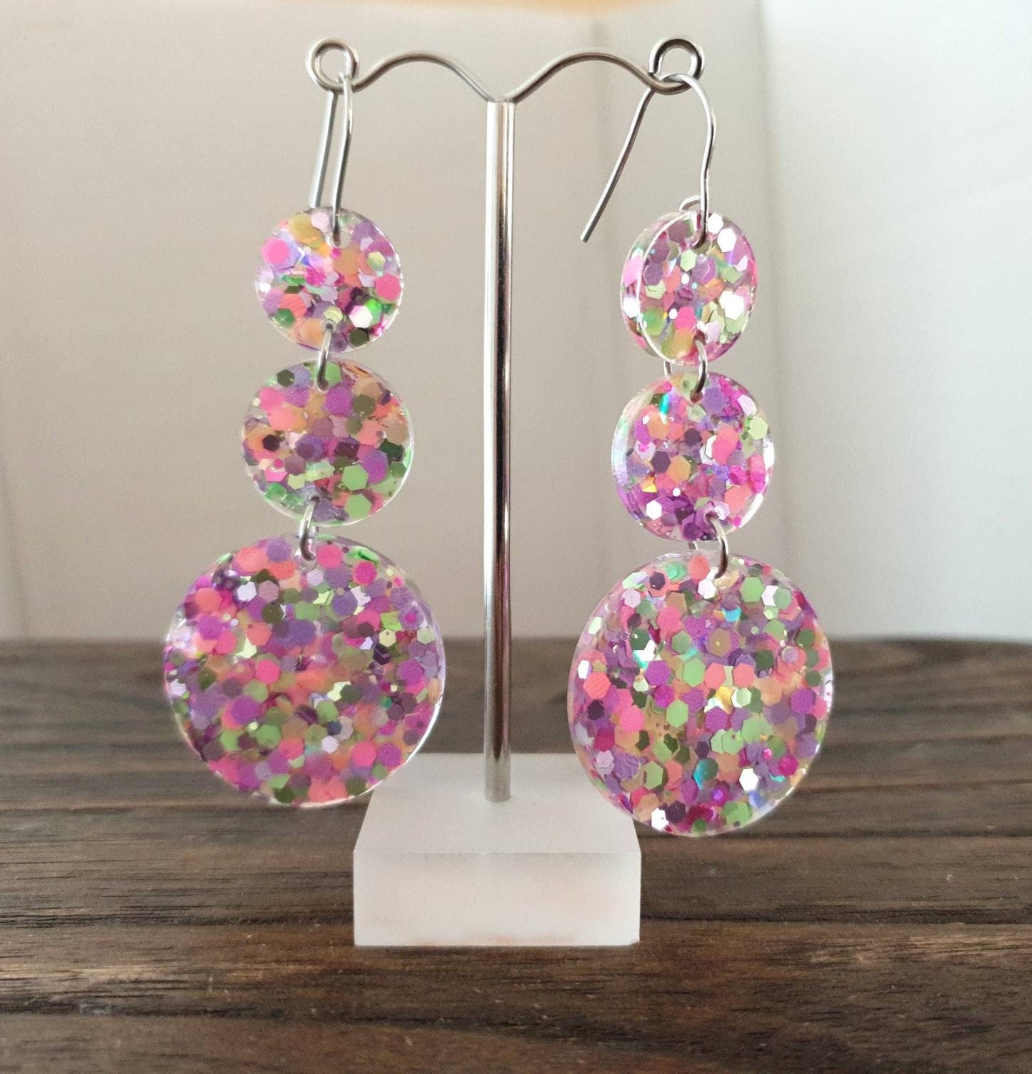 Dazzling Multicoloured 3 Circle Long Resin Dangle Earrings, Statement Mint Green, Pink, Purple Glitter Earrings, Stainless Steel Earrings.