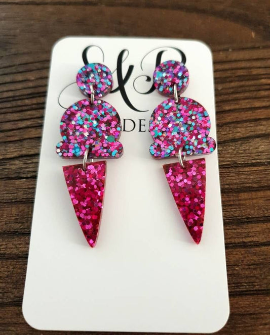 Ice Cream Earrings, Hot Pink Holographic Dangle Earrings, Pink, Blue and Silver Holographic Glitter Ice Cream Earrings, Statement Food Earri