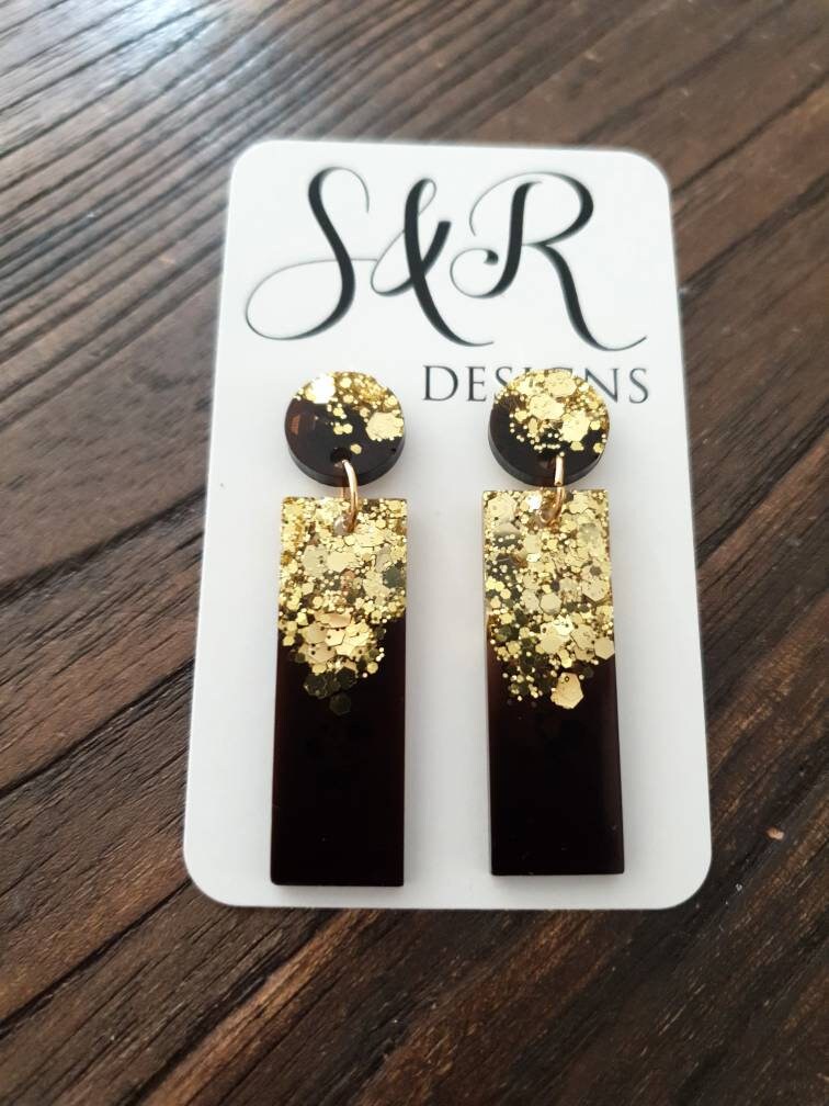 Rectangle Bar Earrings, Gold Glitter and Smoky Grey Resin Dangles, Statement Earrings