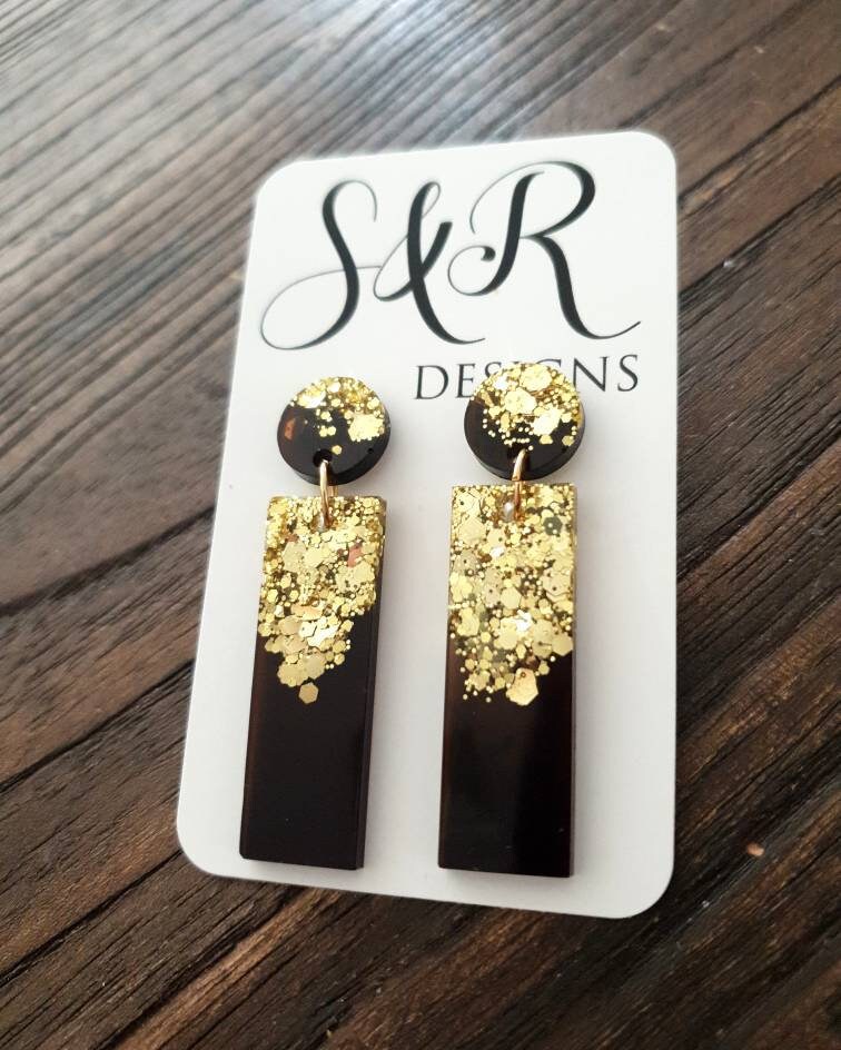 Rectangle Bar Earrings, Gold Glitter and Smoky Grey Resin Dangles, Statement Earrings