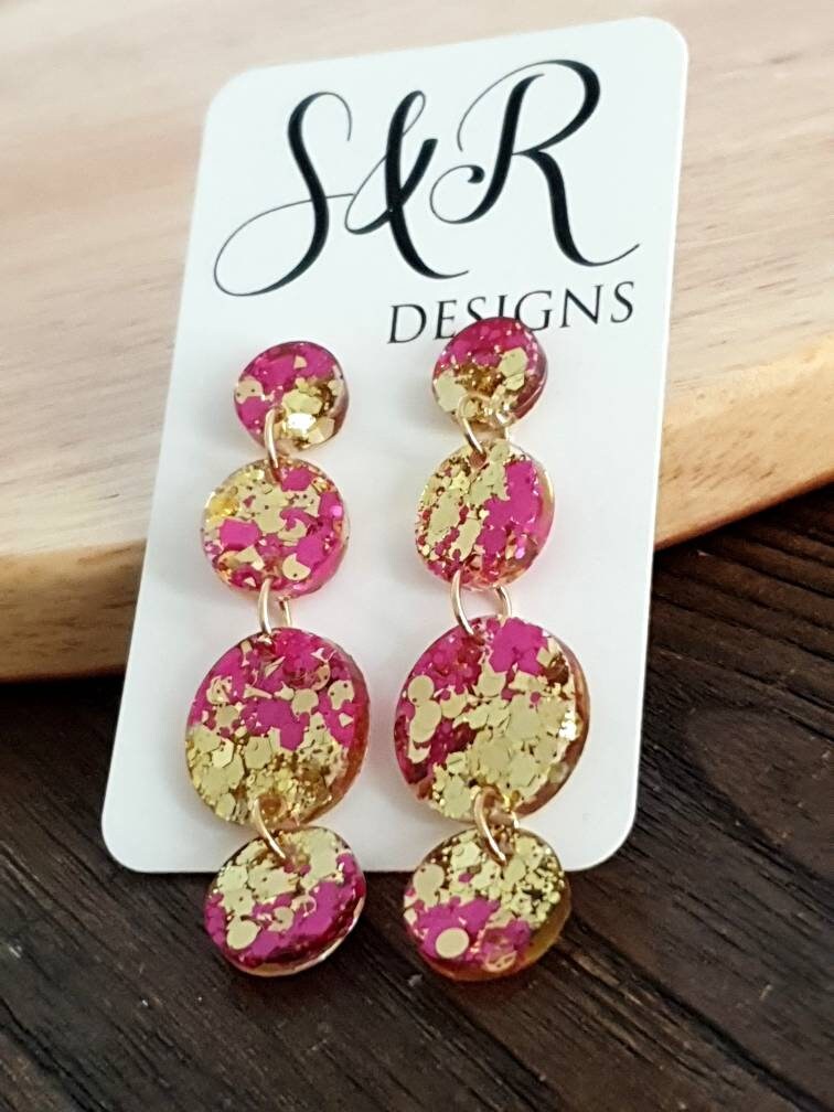 Hot Pink Gold Circle Long Dangle Earrings, Statement Earrings, Pink  and Gold Glitter Dangle Stud Earrings