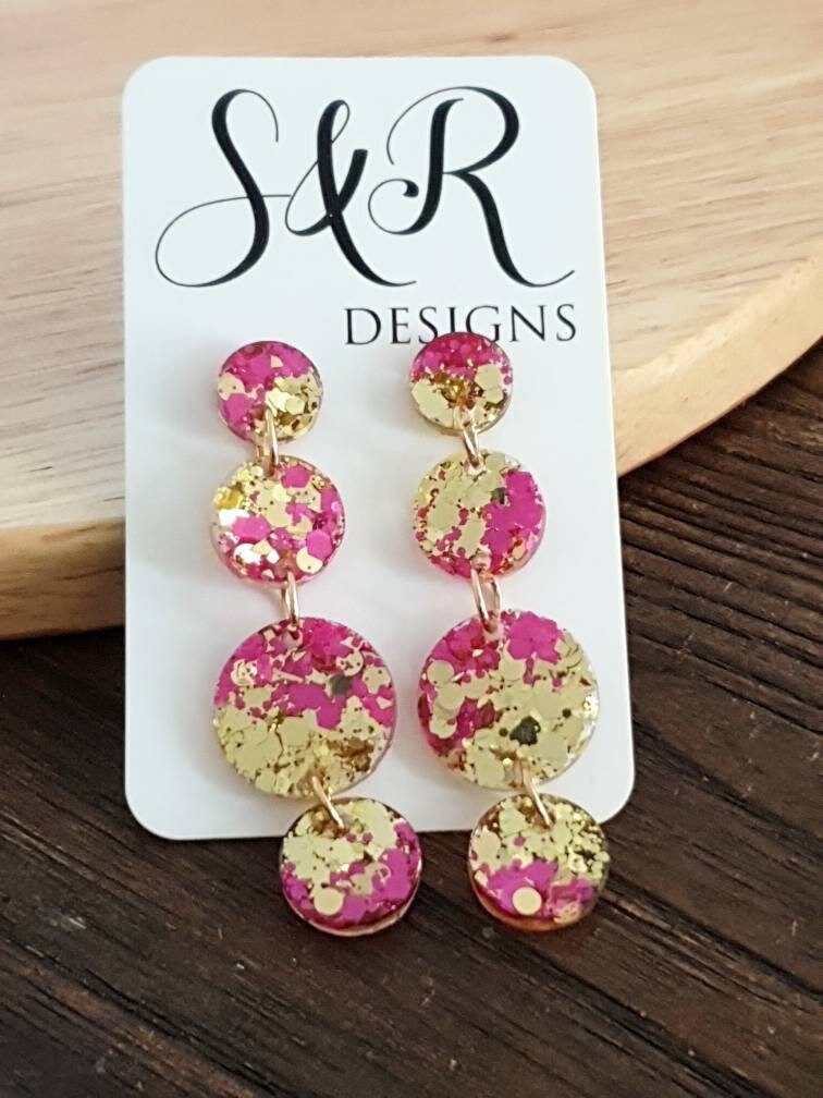 Hot Pink Gold Circle Long Dangle Earrings, Statement Earrings, Pink  and Gold Glitter Dangle Stud Earrings