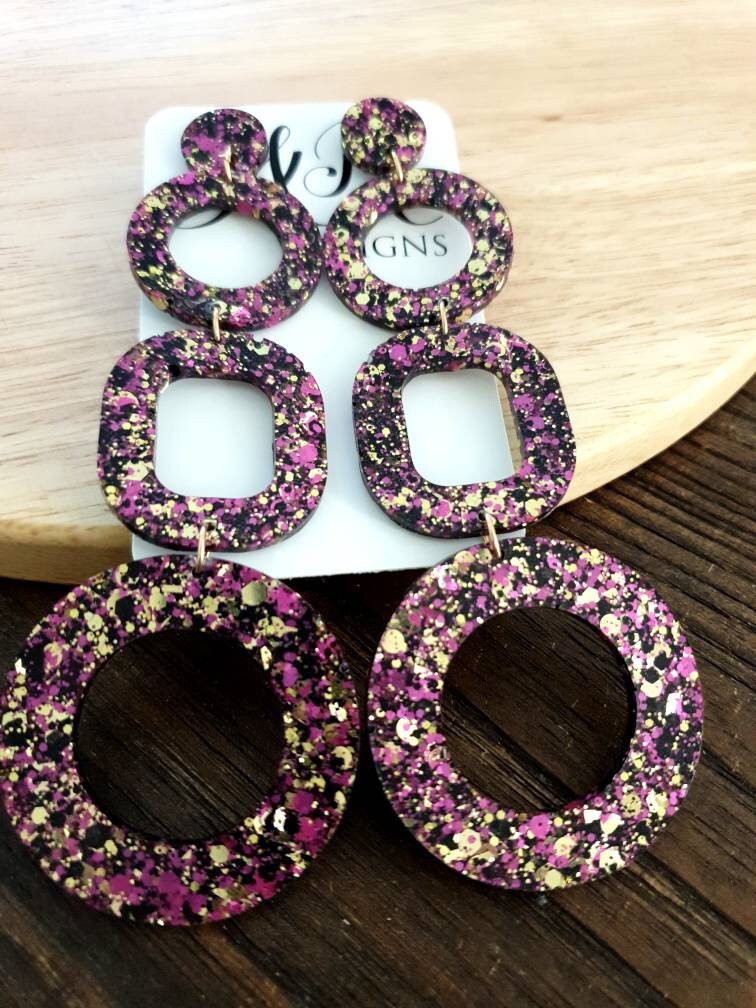 Black Gold Hot Pink Mix Oversized Shoulder Duster Earrings, Glitter Extra Super Long Circle Hoop Dangles, Statement Earrings, 13cm long