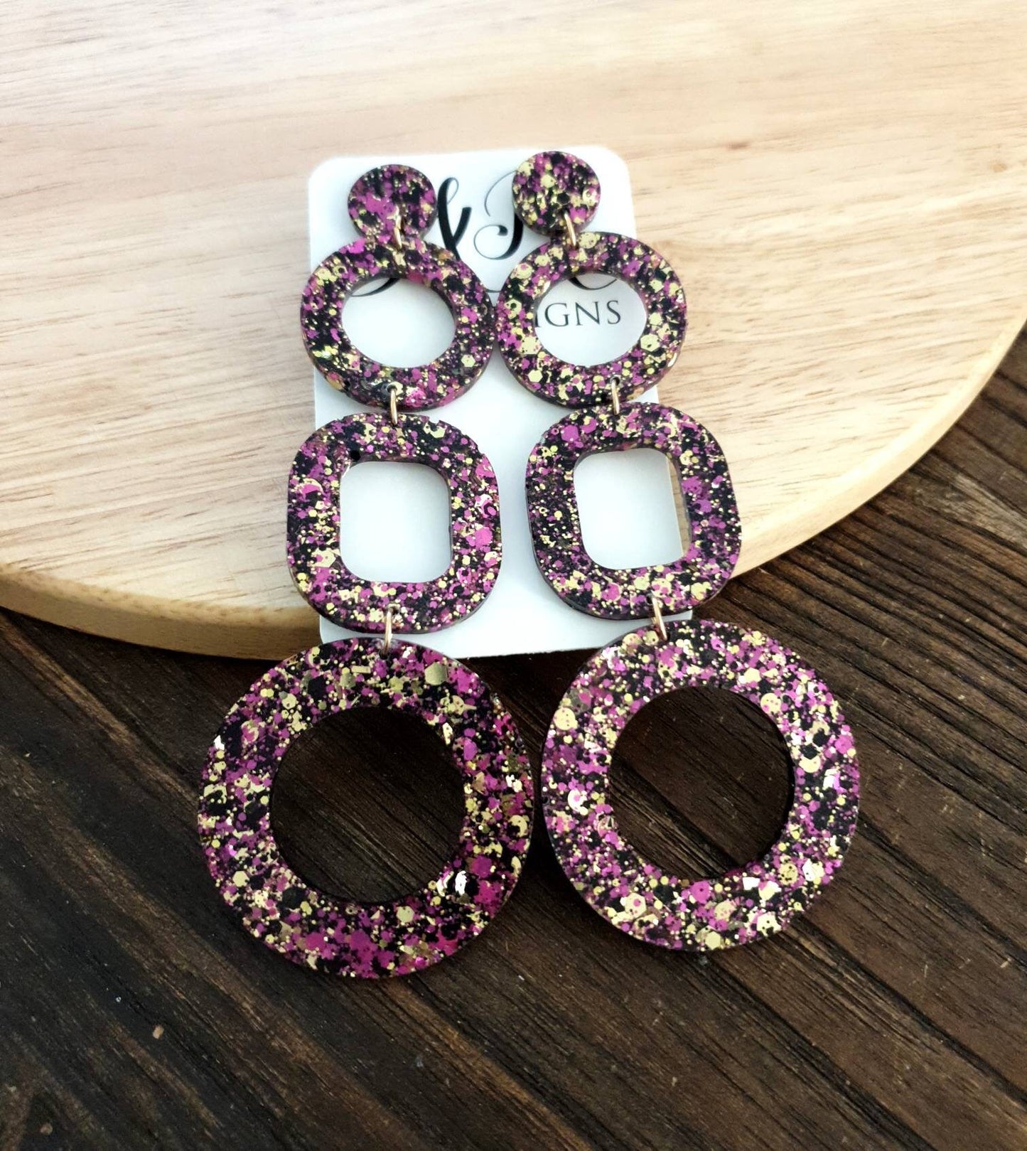 Black Gold Hot Pink Mix Oversized Shoulder Duster Earrings, Glitter Extra Super Long Circle Hoop Dangles, Statement Earrings, 13cm long
