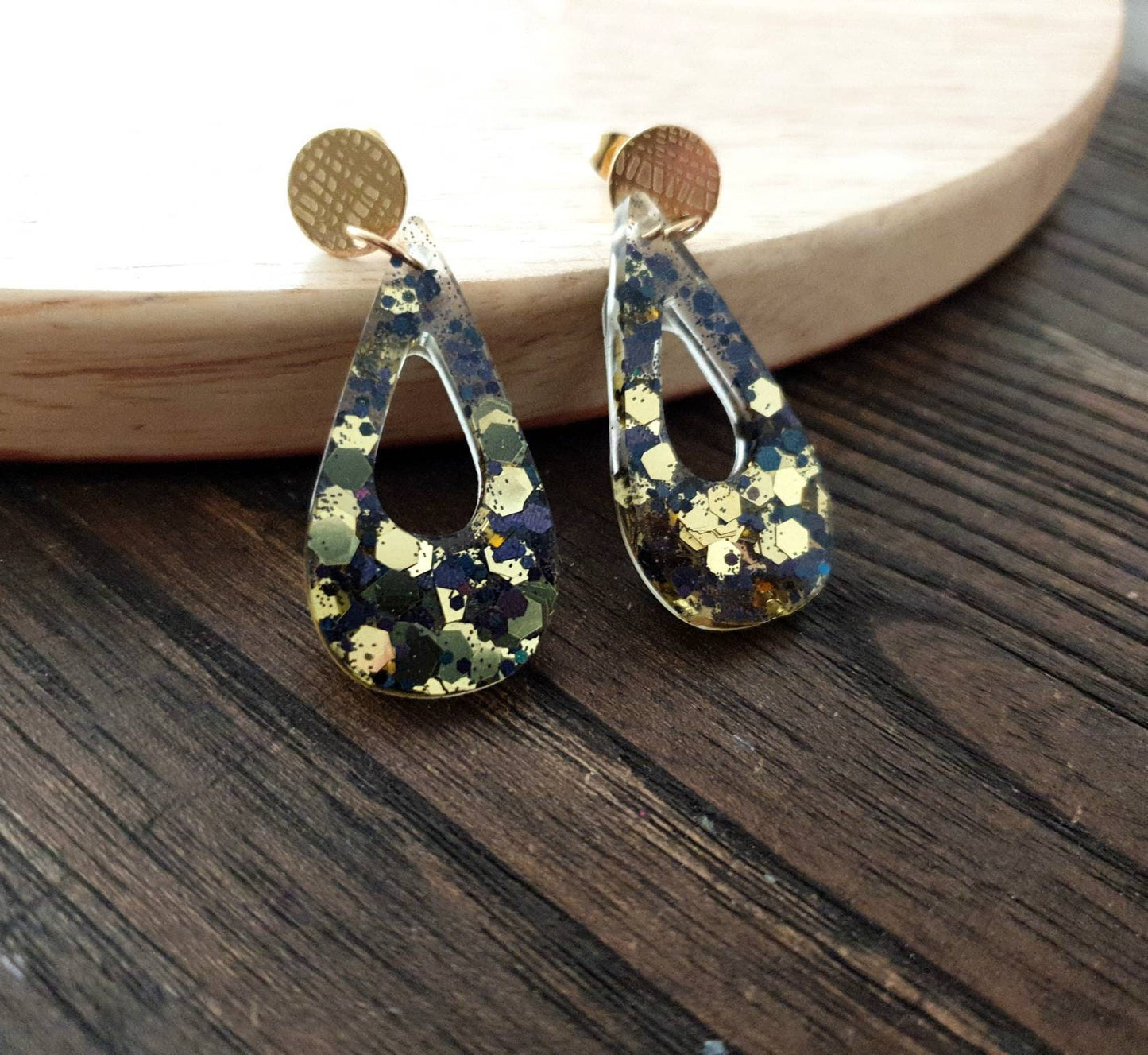Black Gold Mix Teardrop Dangle Earrings, Resin Stud Earrings, Gold Stainless Steel Earrings, Statement Earrings