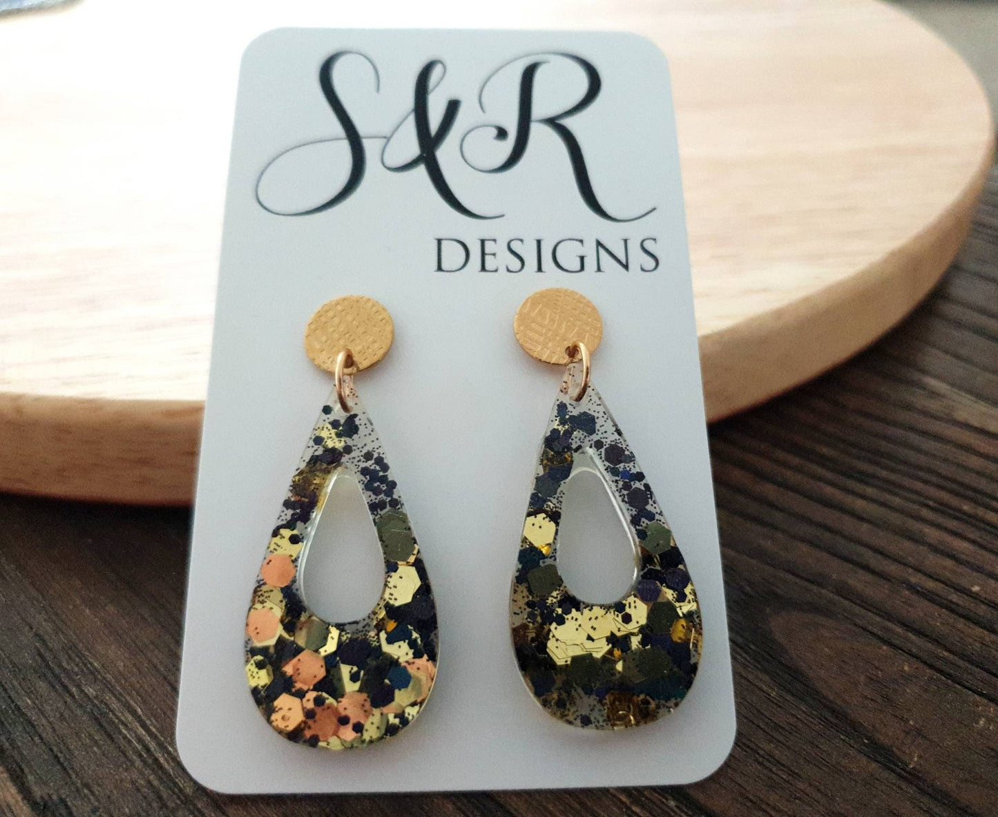 Black Gold Mix Teardrop Dangle Earrings, Resin Stud Earrings, Gold Stainless Steel Earrings, Statement Earrings