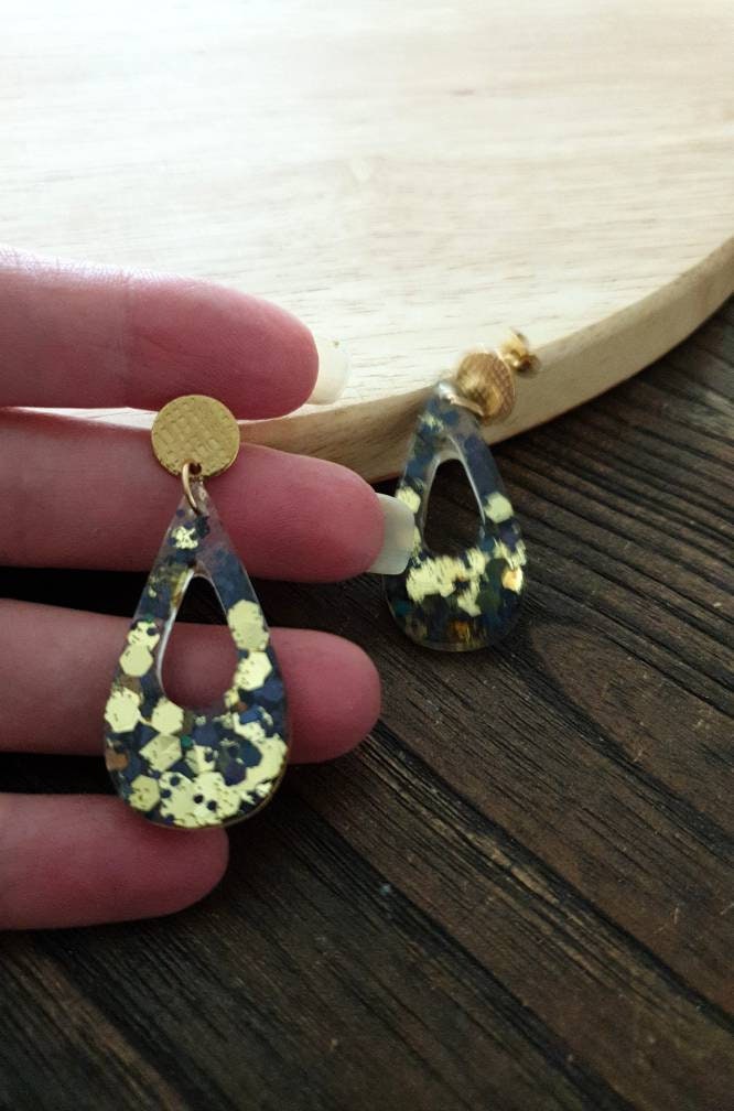 Black Gold Mix Teardrop Dangle Earrings, Resin Stud Earrings, Gold Stainless Steel Earrings, Statement Earrings