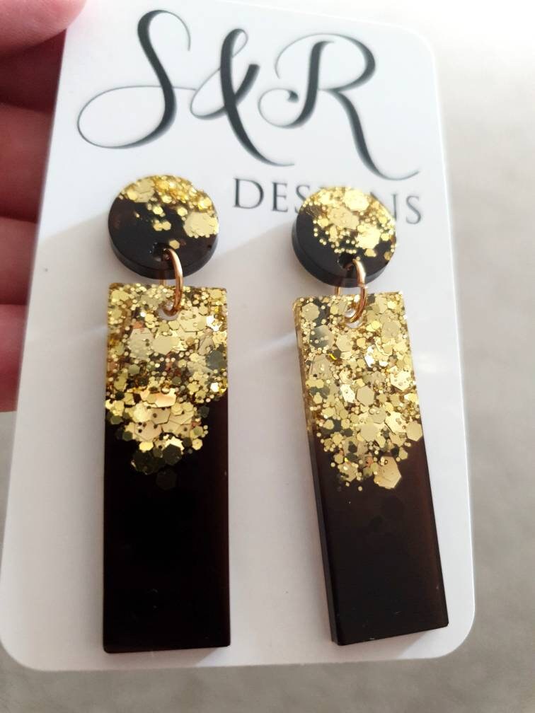 Rectangle Bar Earrings, Gold Glitter and Smoky Grey Resin Dangles, Statement Earrings