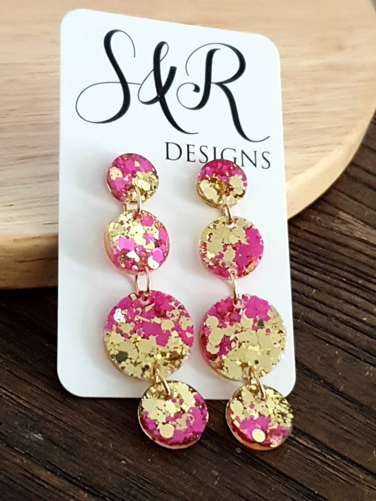 Hot Pink Gold Circle Long Dangle Earrings, Statement Earrings, Pink  and Gold Glitter Dangle Stud Earrings