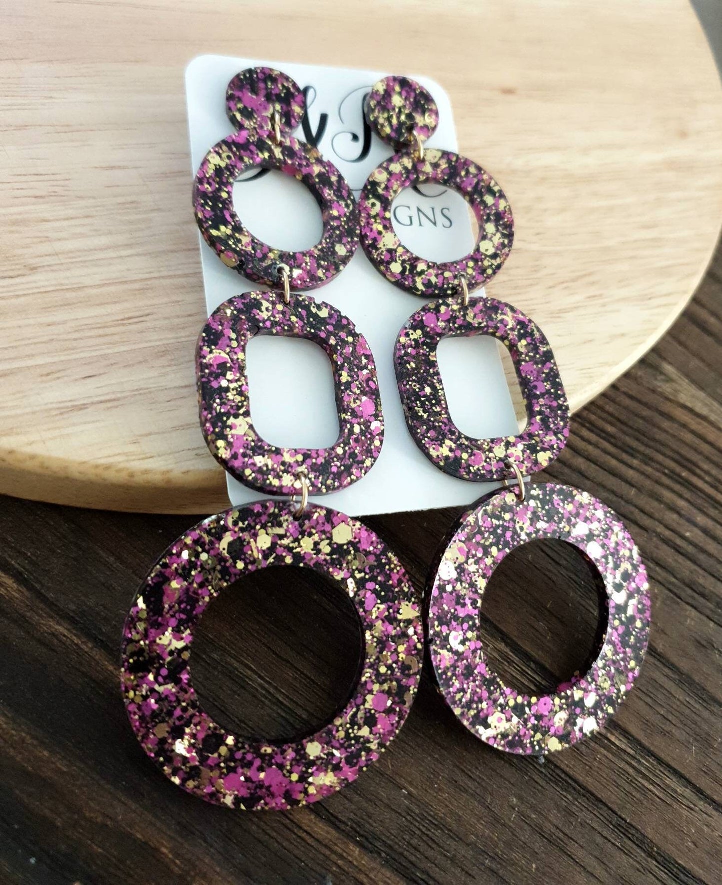 Black Gold Hot Pink Mix Oversized Shoulder Duster Earrings, Glitter Extra Super Long Circle Hoop Dangles, Statement Earrings, 13cm long