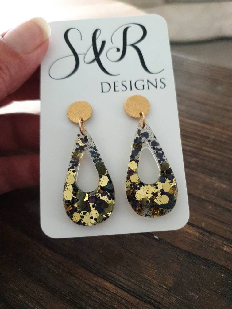 Black Gold Mix Teardrop Dangle Earrings, Resin Stud Earrings, Gold Stainless Steel Earrings, Statement Earrings