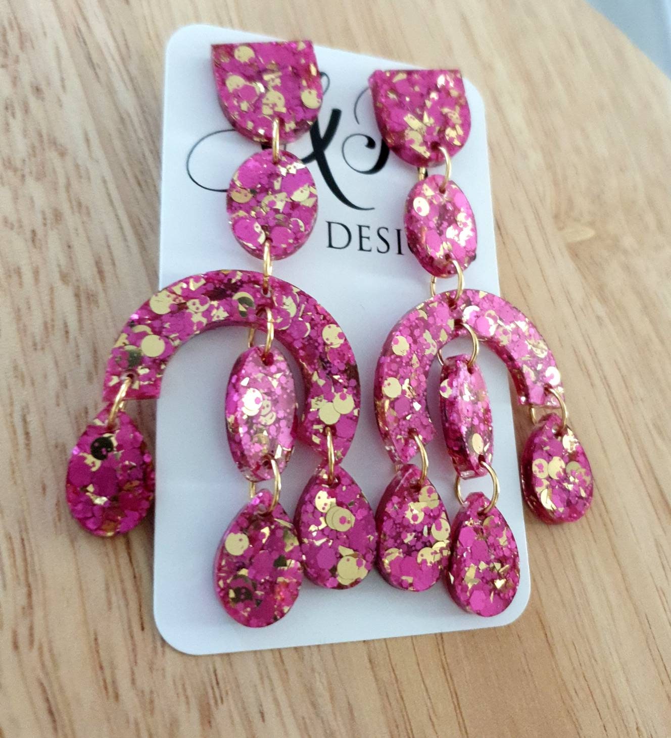 Large Oversized Chandelier Dangle Earrings, Pink and Gold Glitter Dangles, Statement Long Earrings