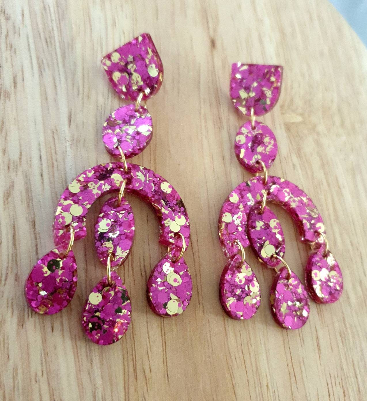 Large Oversized Chandelier Dangle Earrings, Pink and Gold Glitter Dangles, Statement Long Earrings