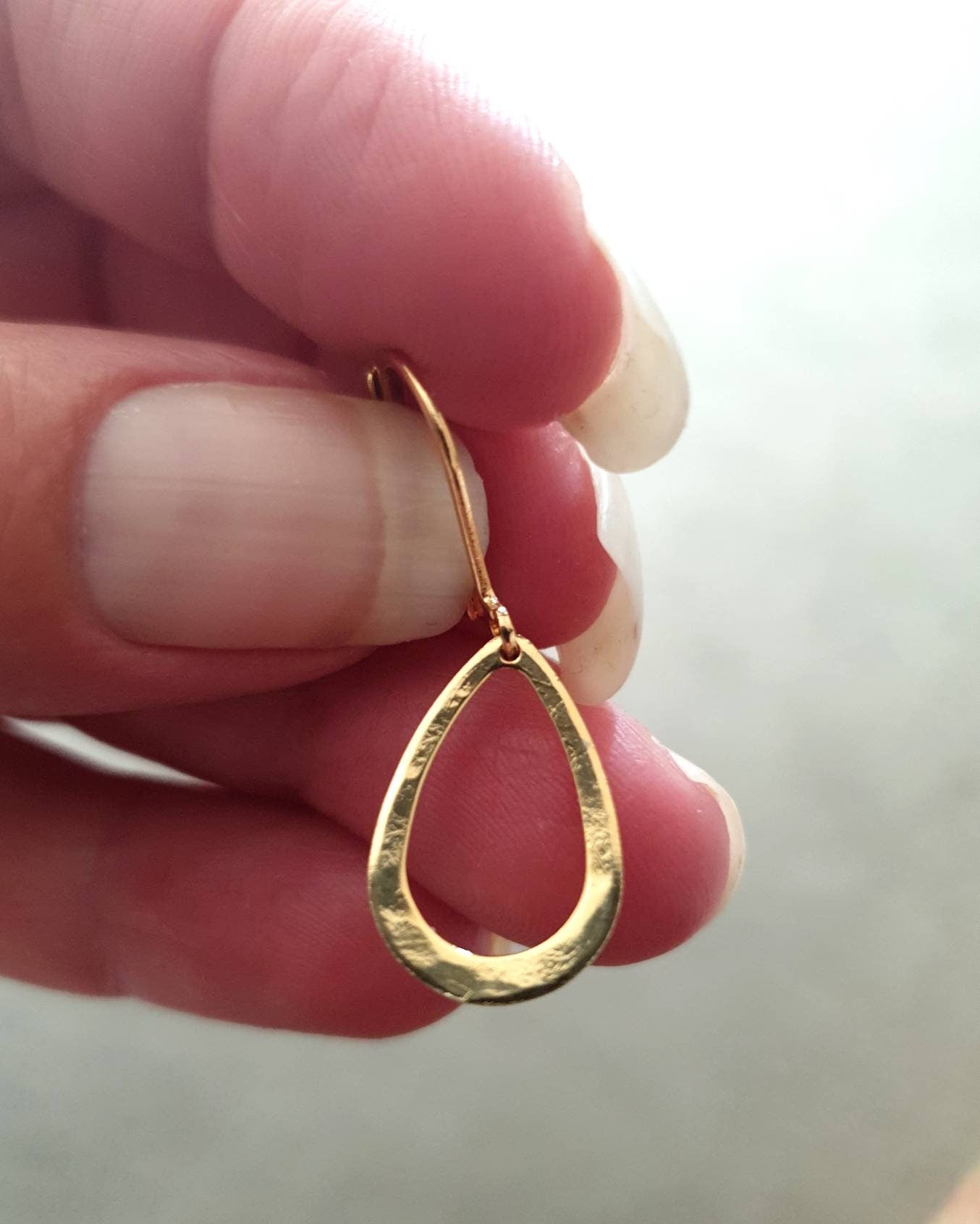 Gold Teardrop Leverback Hammered Drop Earrings, Stainless Steel Dangle Leverback, threaders or Hook Earrings in Silver or Gold