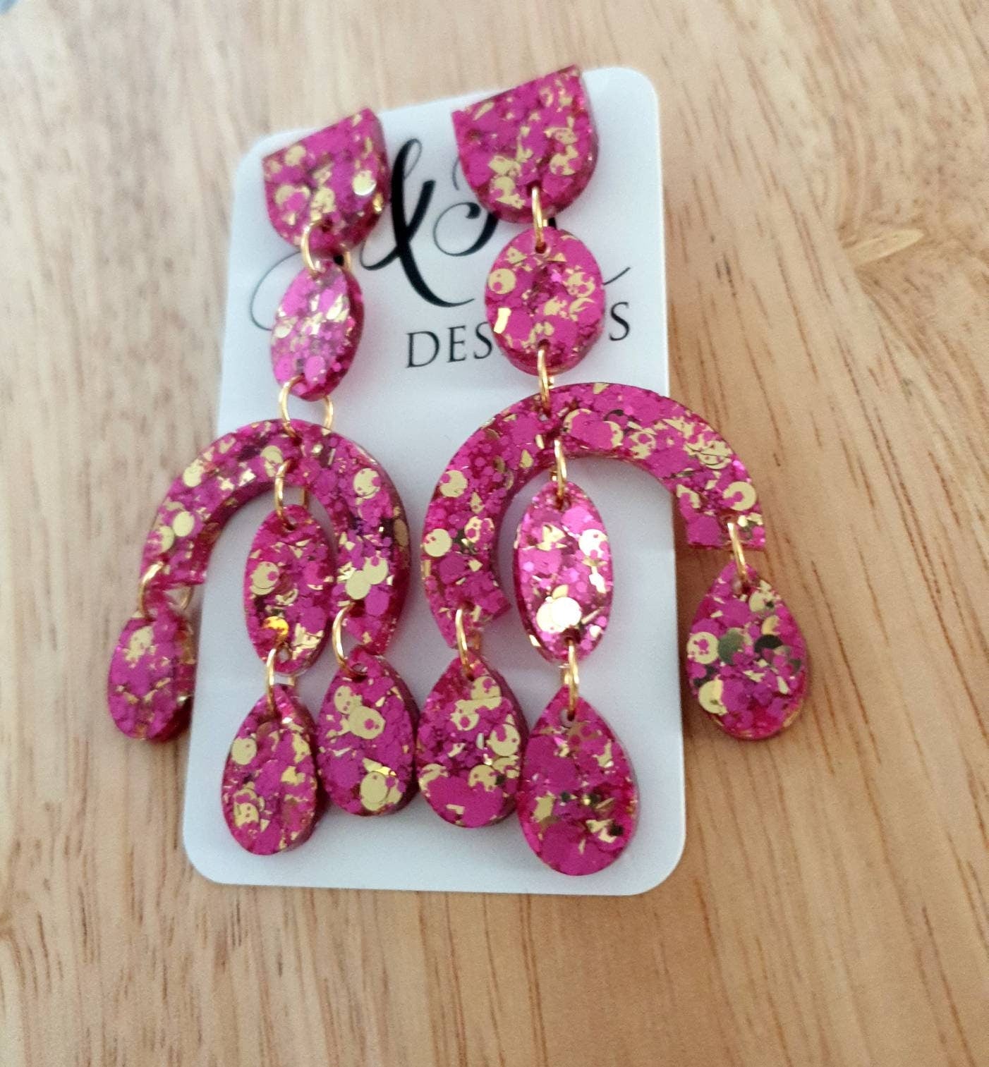 Large Oversized Chandelier Dangle Earrings, Pink and Gold Glitter Dangles, Statement Long Earrings